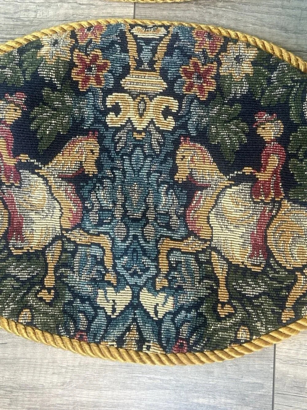 Set 6 Equestrian Horse Tapestry Oval Placemats Gold Cord English Country Vintage